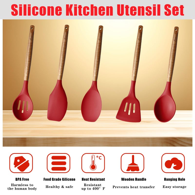 Miusco Kitchen Utensils Set, Silicone Cooking Utensils Set,Non-Stick Silicone Spatula Set with Natural Acacia Hard Wood Handle, 5 Piece, Upgraded Thickened Cookware - Image 2